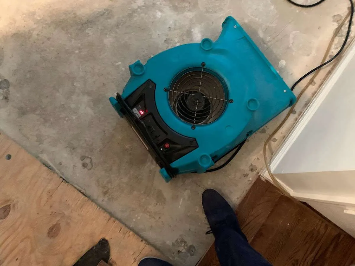 Air mover drying subfloor during Commercial Water Damage Restoration in Clover Creek